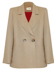 Blazer bege em linho com caimento reto, ombros estruturados e botões frontais.
