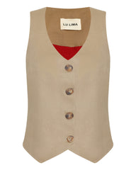 Colete feminino bege em linho com corte reto, lapela clássica e botões frontais.