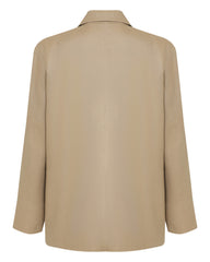 Blazer feminino em linho bege com forro de algodão e corte acinturado.