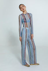 Calça listrada feminina em poliamida com elastano e cintura alta