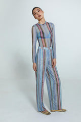 Calça listrada feminina em poliamida com elastano e cintura alta