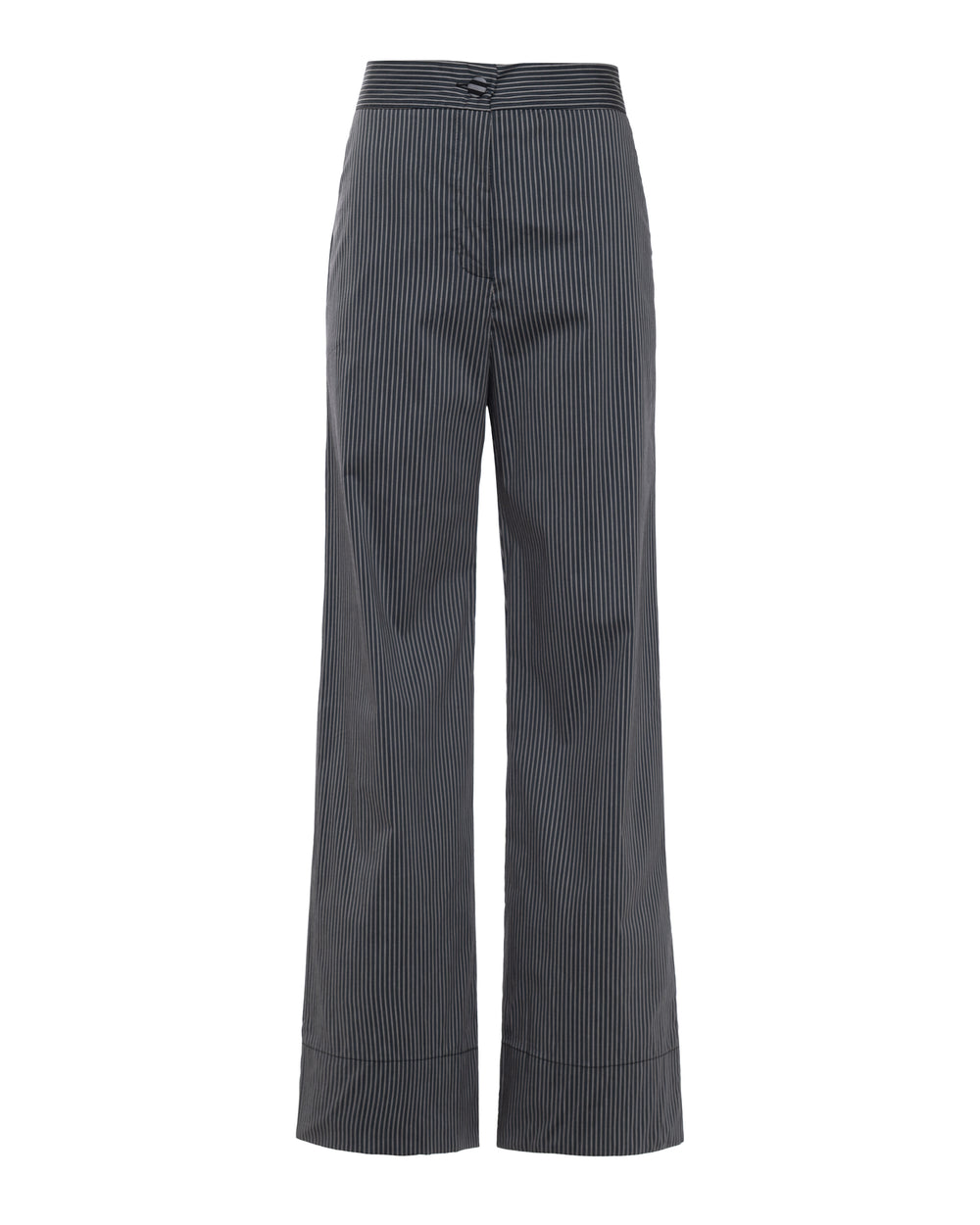 Calça reta listrada em preto e cinza com cós largo e bolsos discretos.