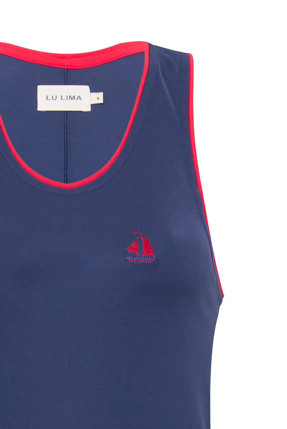 Vestido azul e vermelho com modelagem ajustada e acabamento esportivo