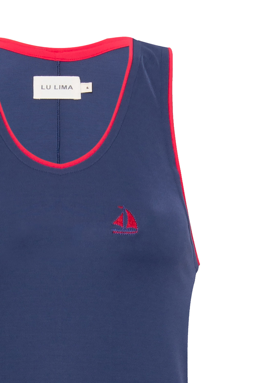 Vestido azul e vermelho com modelagem ajustada e acabamento esportivo