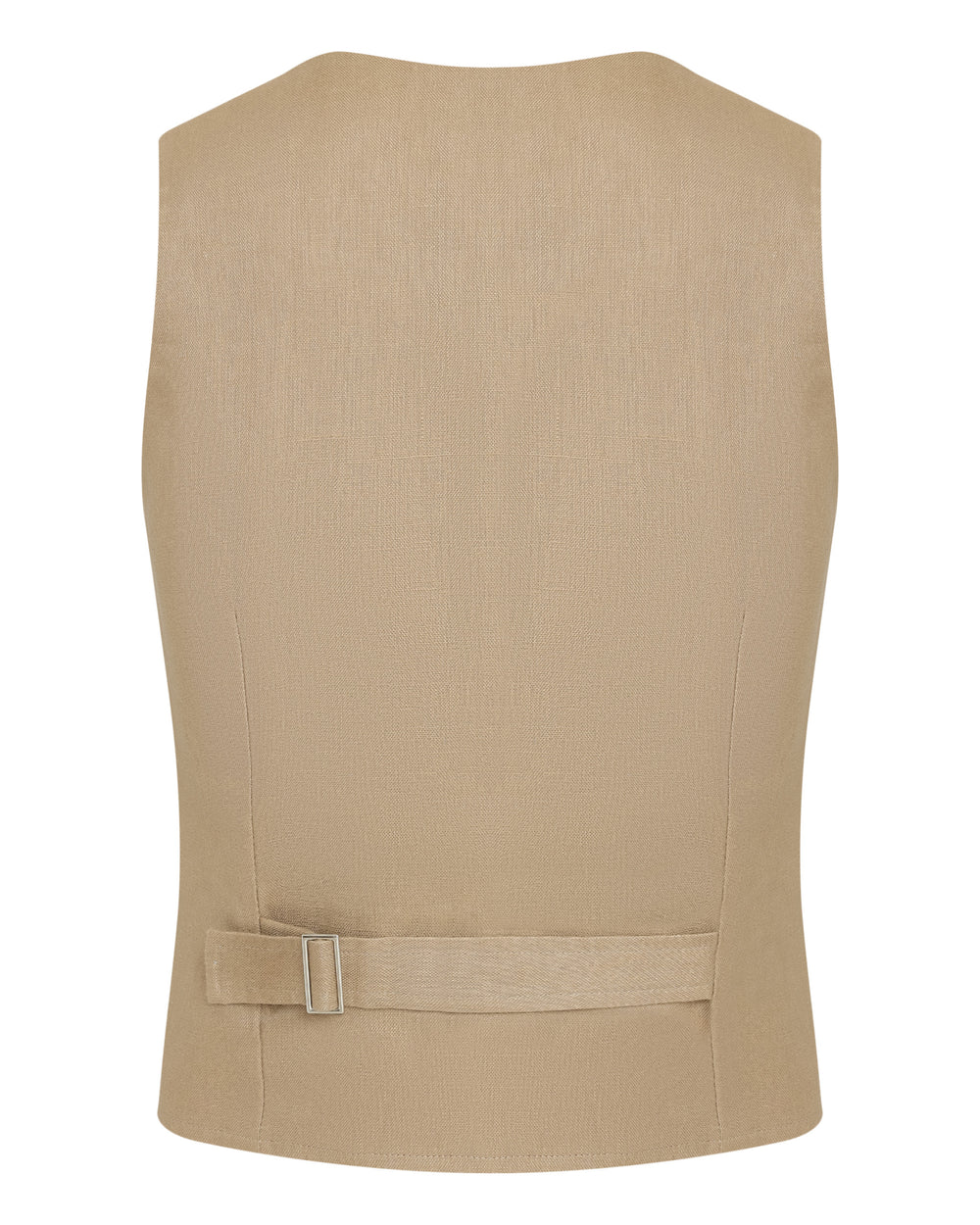 Colete bege de linho com forro de algodão e sem mangas.