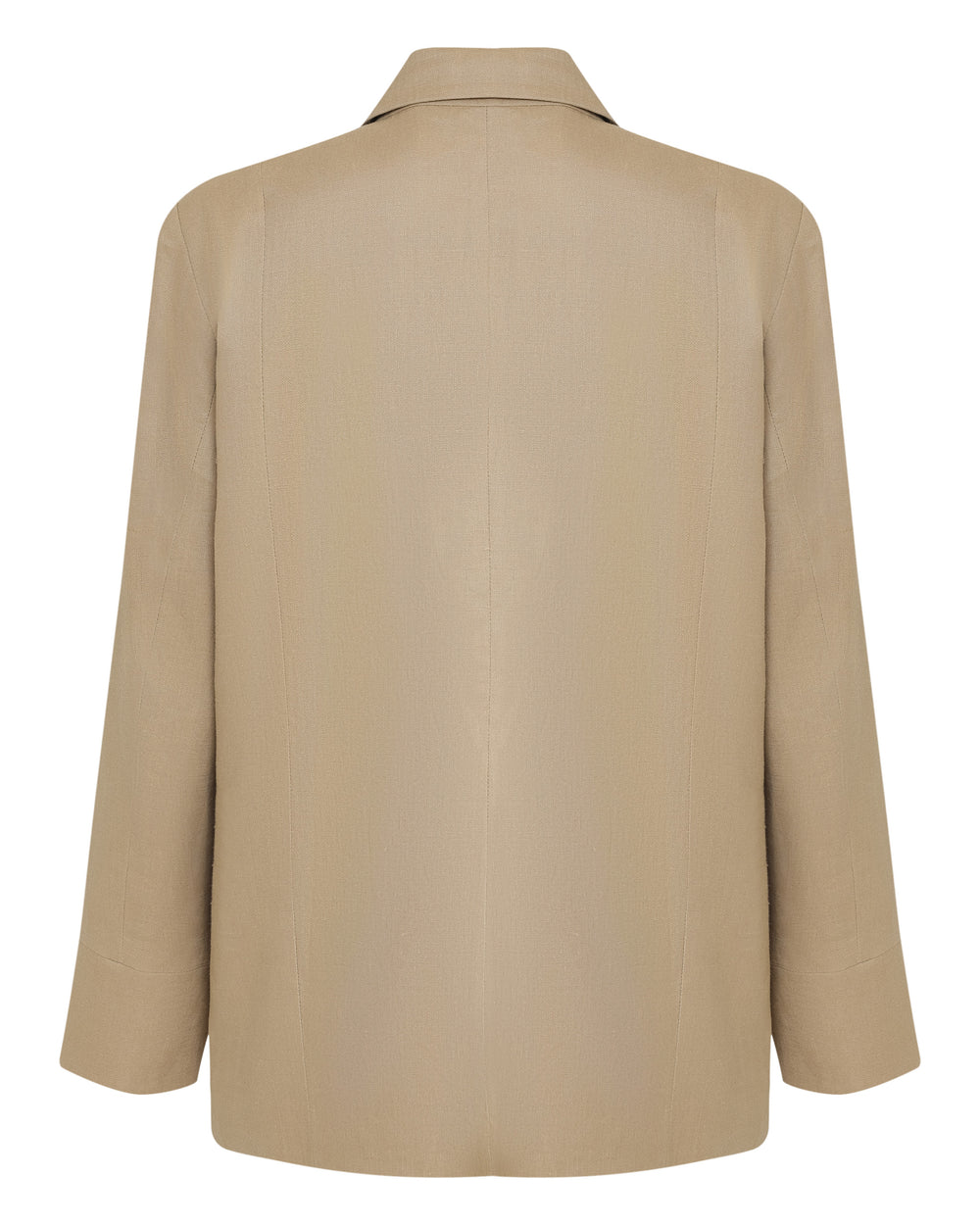 Blazer feminino em linho bege com forro de algodão e corte acinturado.