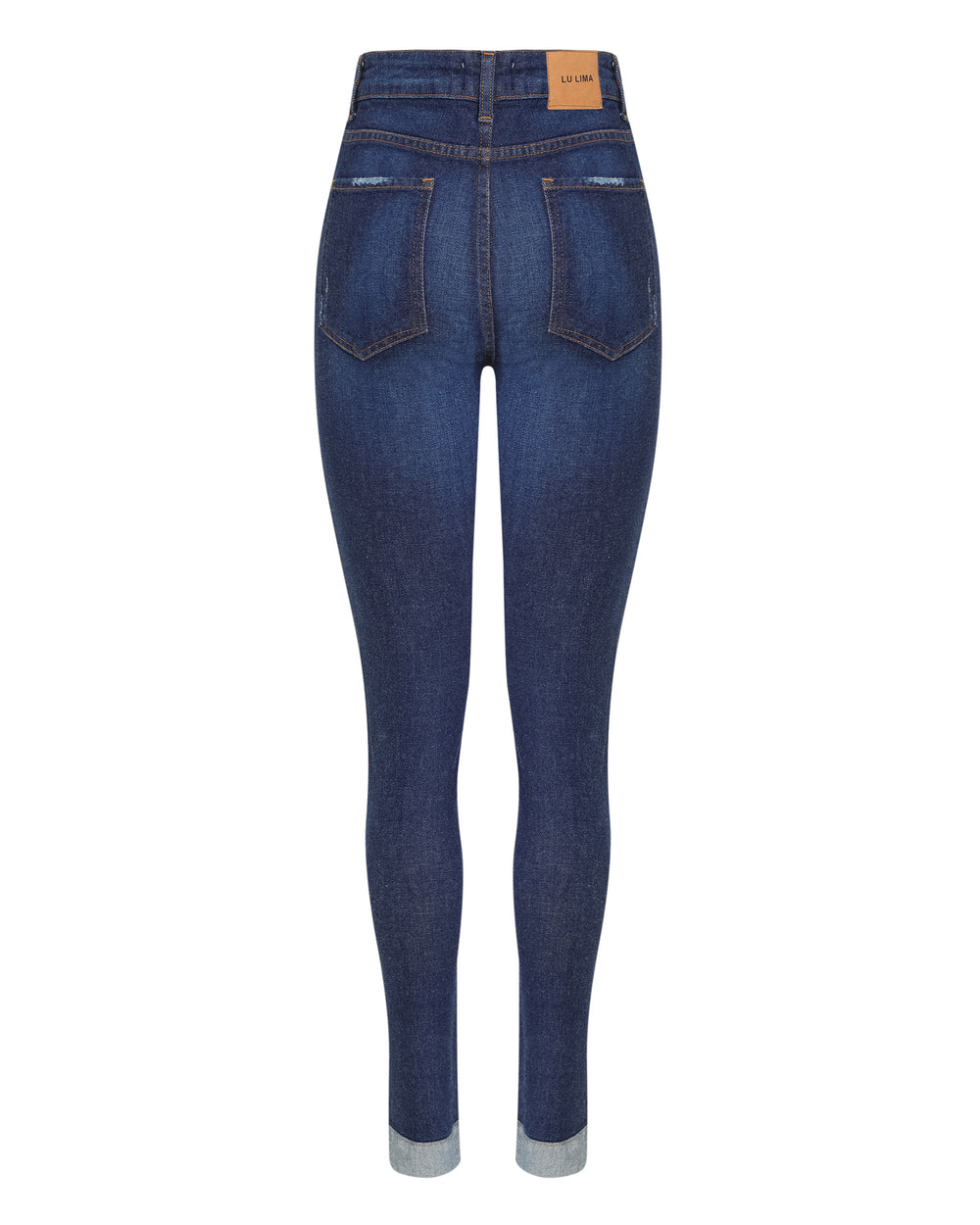 Calça skinny feminina azul jeans com cintura alta.