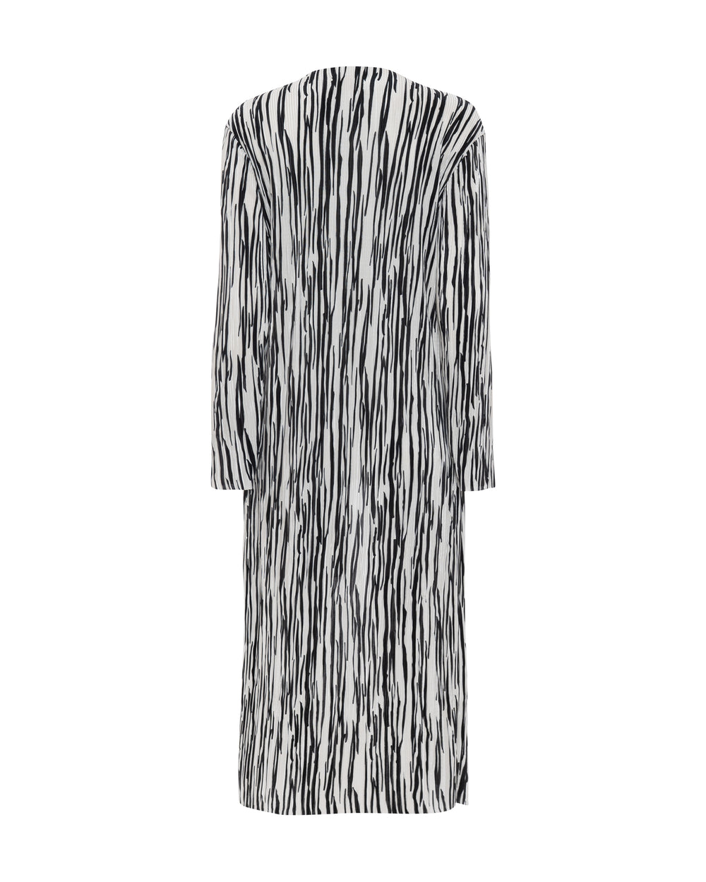 Casaco longo em poliéster com listras preto e branco, mangas longas e estrutura leve.