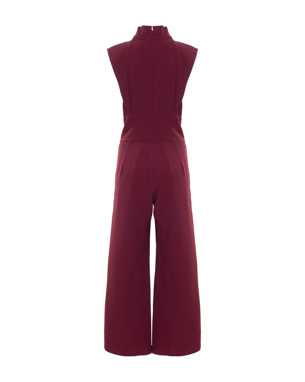 Macacão Antonia vinho com gola estruturada em acetado e viscose.